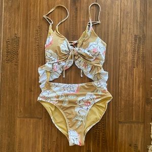 Joyfolie Mustard Floral Cutout One Piece Swim size S